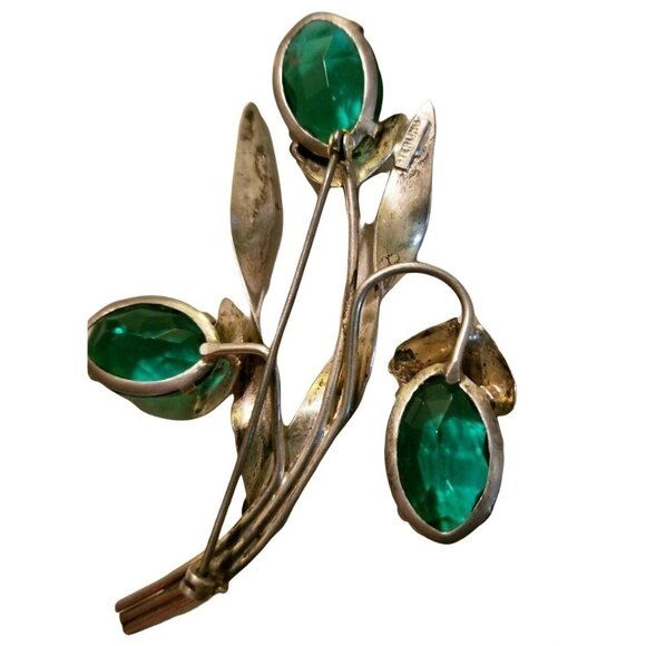 Sterling Silver Green Stone Floral Brooch Pin and Earring Set Celibity Owned JS6 - Picture 5 of 9